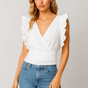 Blusa Blanca con Volantes y Pretina Plizada – Chalis