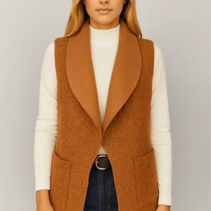 Chaleco Largo Camel con Solapa Ancha