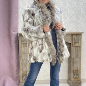 Chaqueta gris Pelo Natural Conejo con cuello de Zorro – Mod.Largo-